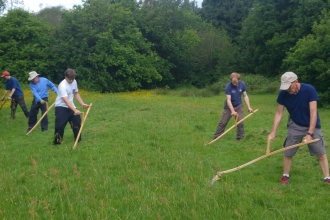 Adam Machin with volunteer scything group