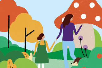 Illustration of a colourful, abstract landscape with a pale blue sky. In the foreground of the image are hedges, flowers, a hedgehog, and a snail. Slightly further from the foreground are two people; a mother and child holding hands. In the background are trees and an oversized mushroom.
