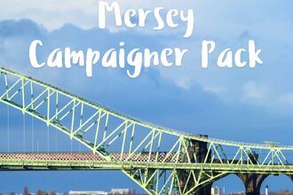 Text: Mersey campaigner pack across image of Runcorn Bridge and the estuary