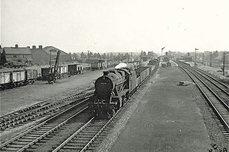Black and white image of a train on a track