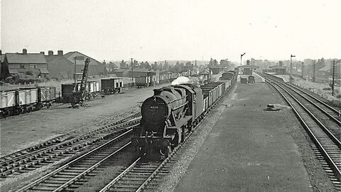 Black and white image of a train on a track