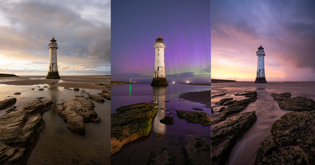 Three images of Leasowe Lighthouse. Two at dusk with sunset in background and another at night with the northern lights in the background