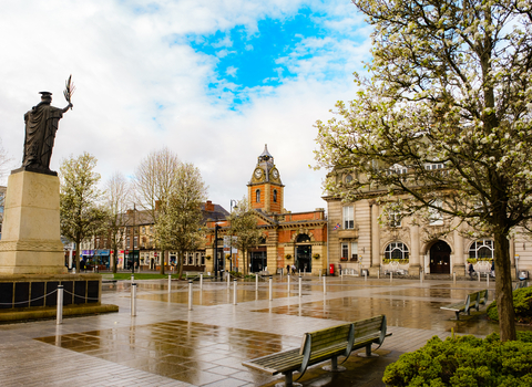 Wide shot of Crewe town centre